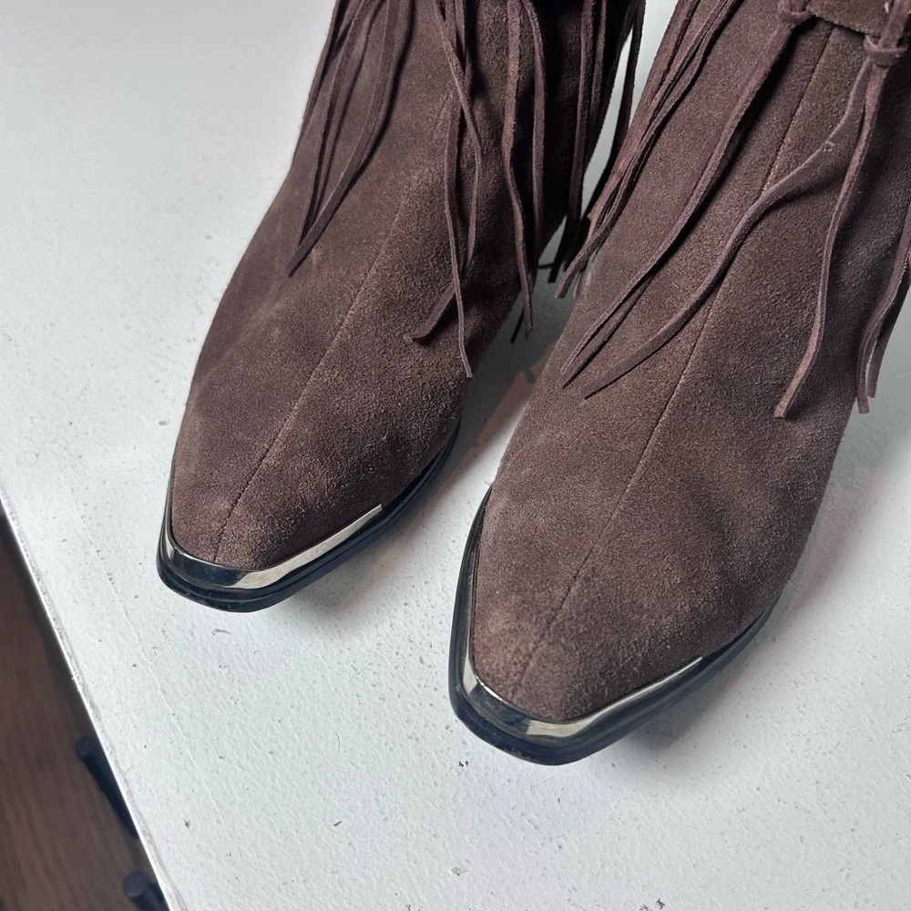 Oak Tree Farms Brown Suede Fringe Ankle Boots Women’s 8.5 Western Boho Side Zip